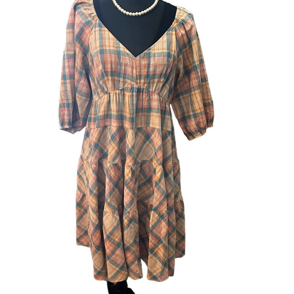 Drew Anthropologie Babydoll Dress Women Prairie Windowpane Plaid Cottagecore - Picture 1 of 16